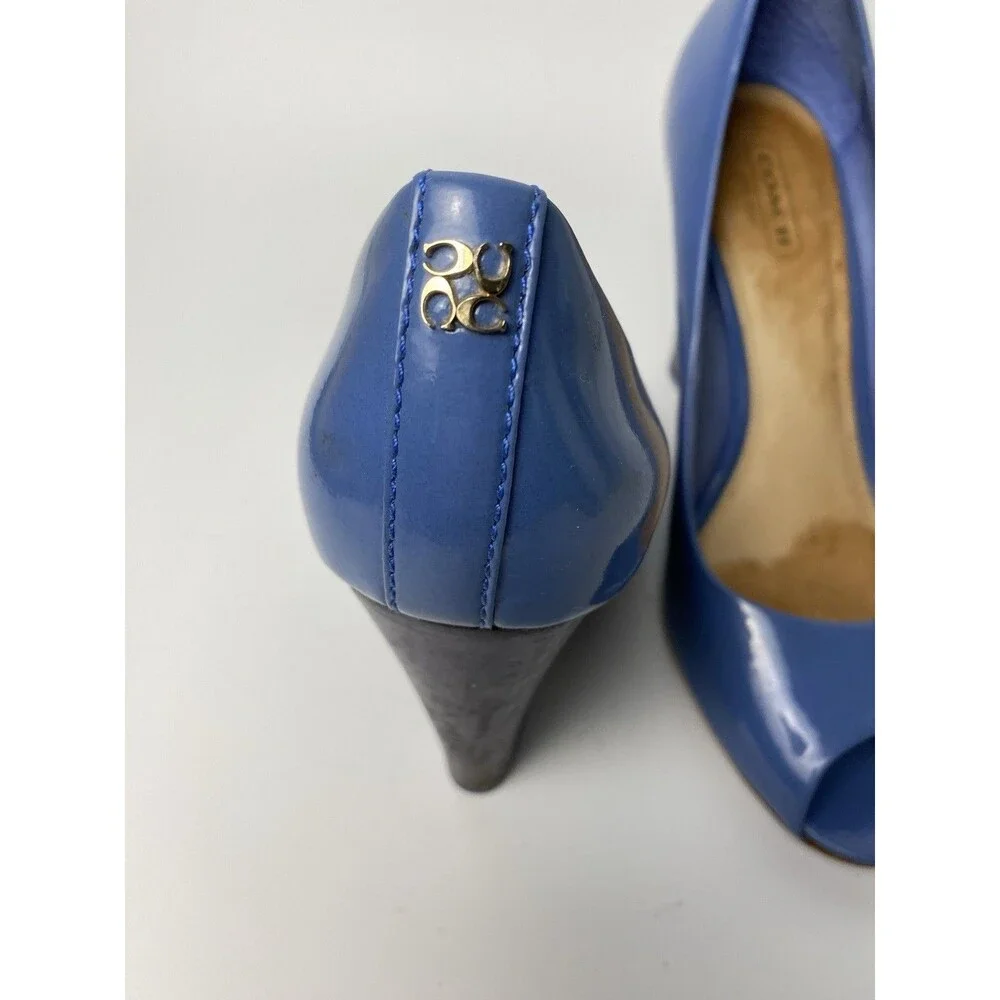 Coach Women’s Blue Patent Open Toe Wedge Heels 8 B - Picture 3 of 10